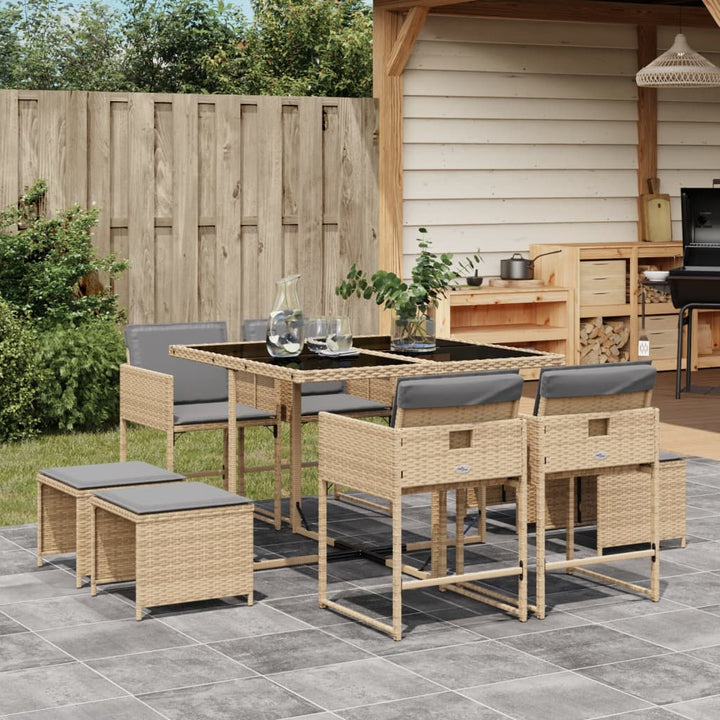 9-delige Tuinset met kussens poly rattan gemengd beige