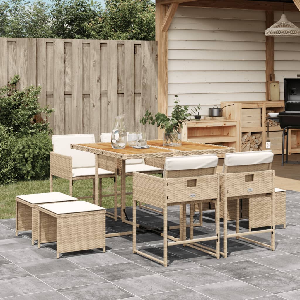 9-delige Tuinset met kussens poly rattan beige