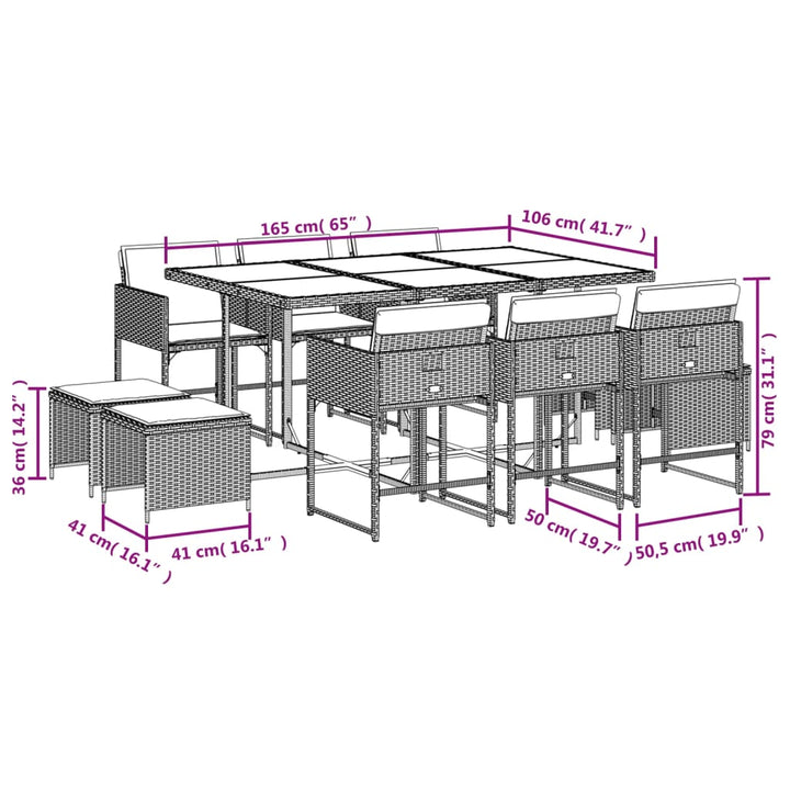 11-delige Tuinset met kussens poly rattan grijs