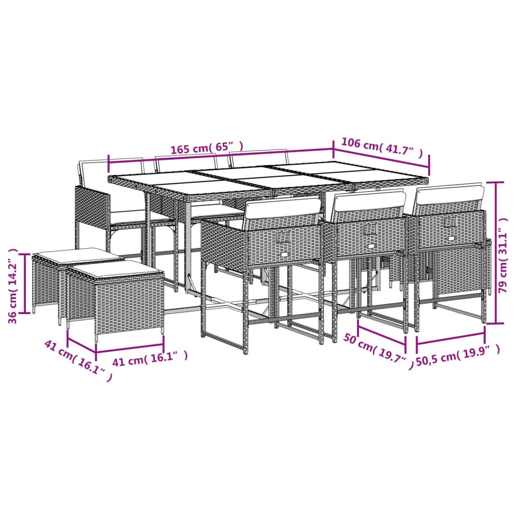 11-delige Tuinset met kussens poly rattan bruin