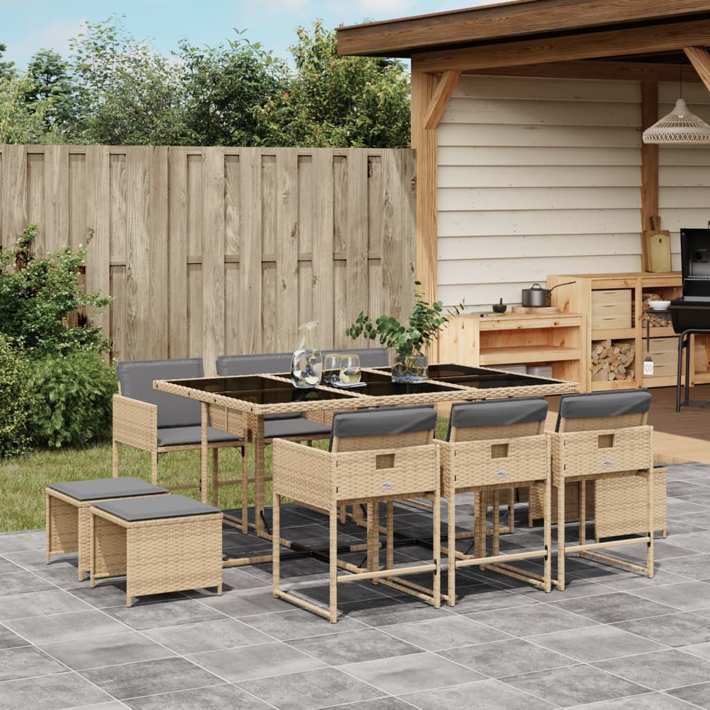 11-delige Tuinset met kussens poly rattan gemengd beige