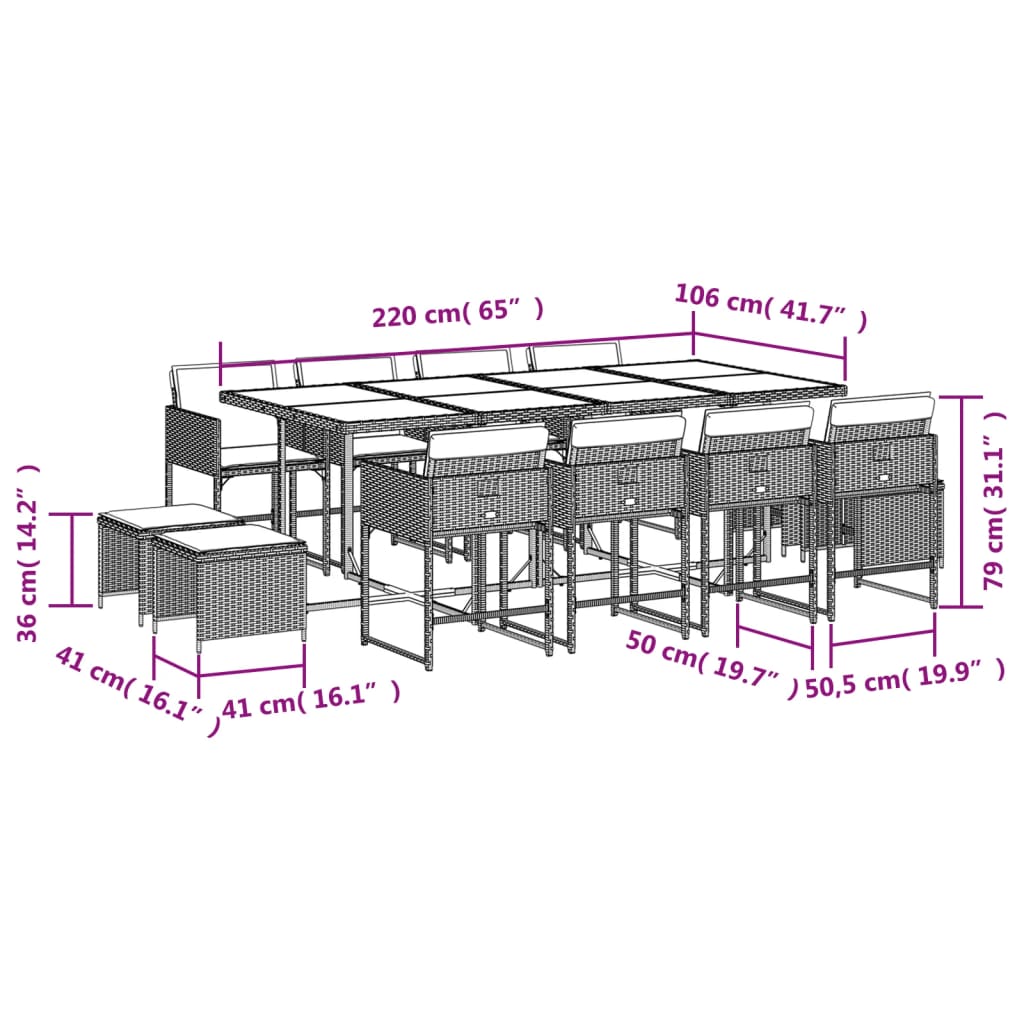 13-delige Tuinset met kussens poly rattan bruin