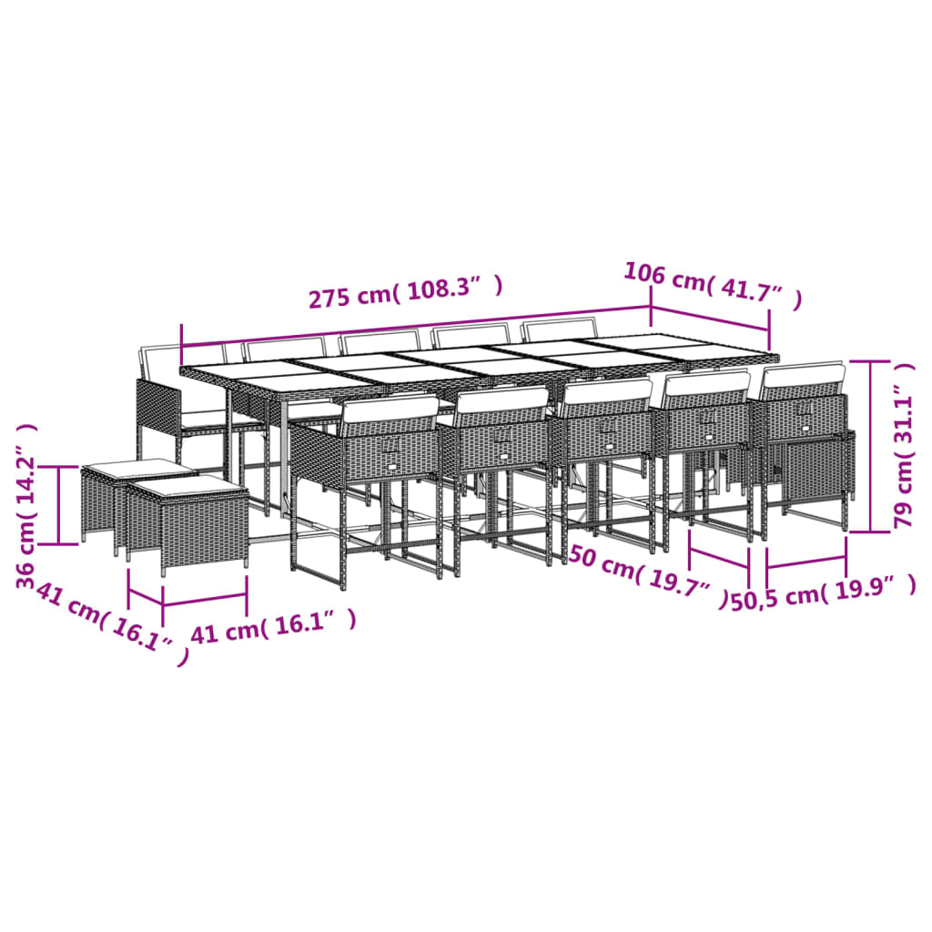 15-delige Tuinset met kussens poly rattan grijs