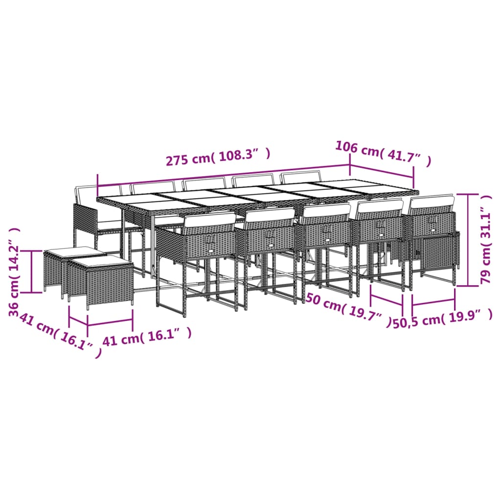 15-delige Tuinset met kussens poly rattan zwart