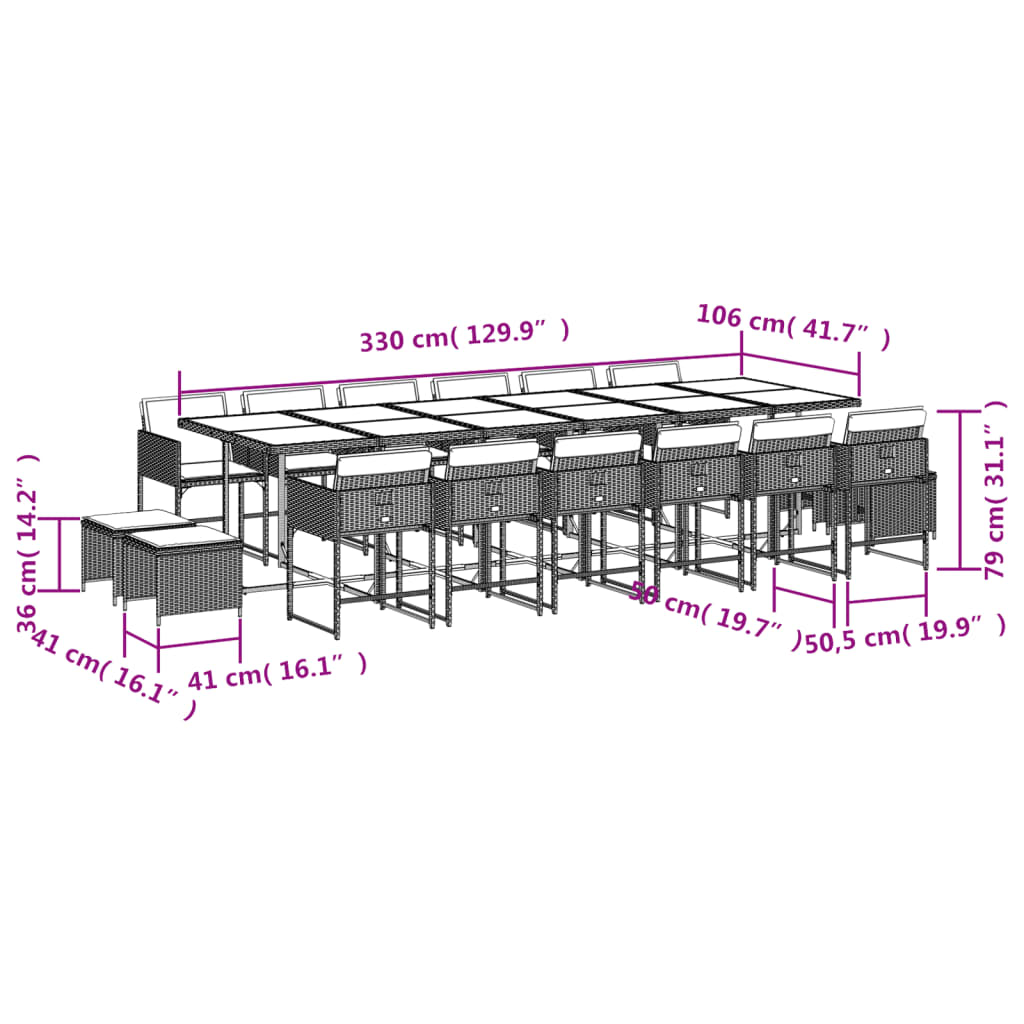 17-delige Tuinset met kussens poly rattan grijs