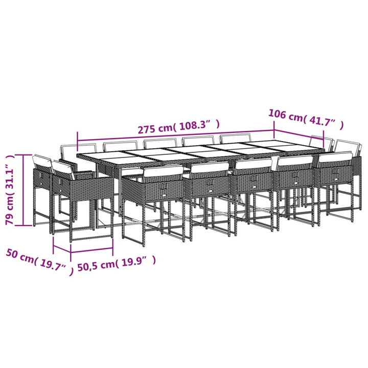 15-delige Tuinset met kussens poly rattan grijs