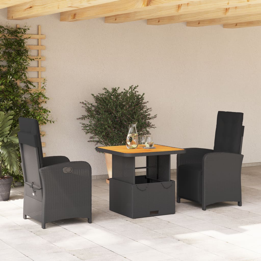 3-delige Tuinset met kussens poly rattan zwart