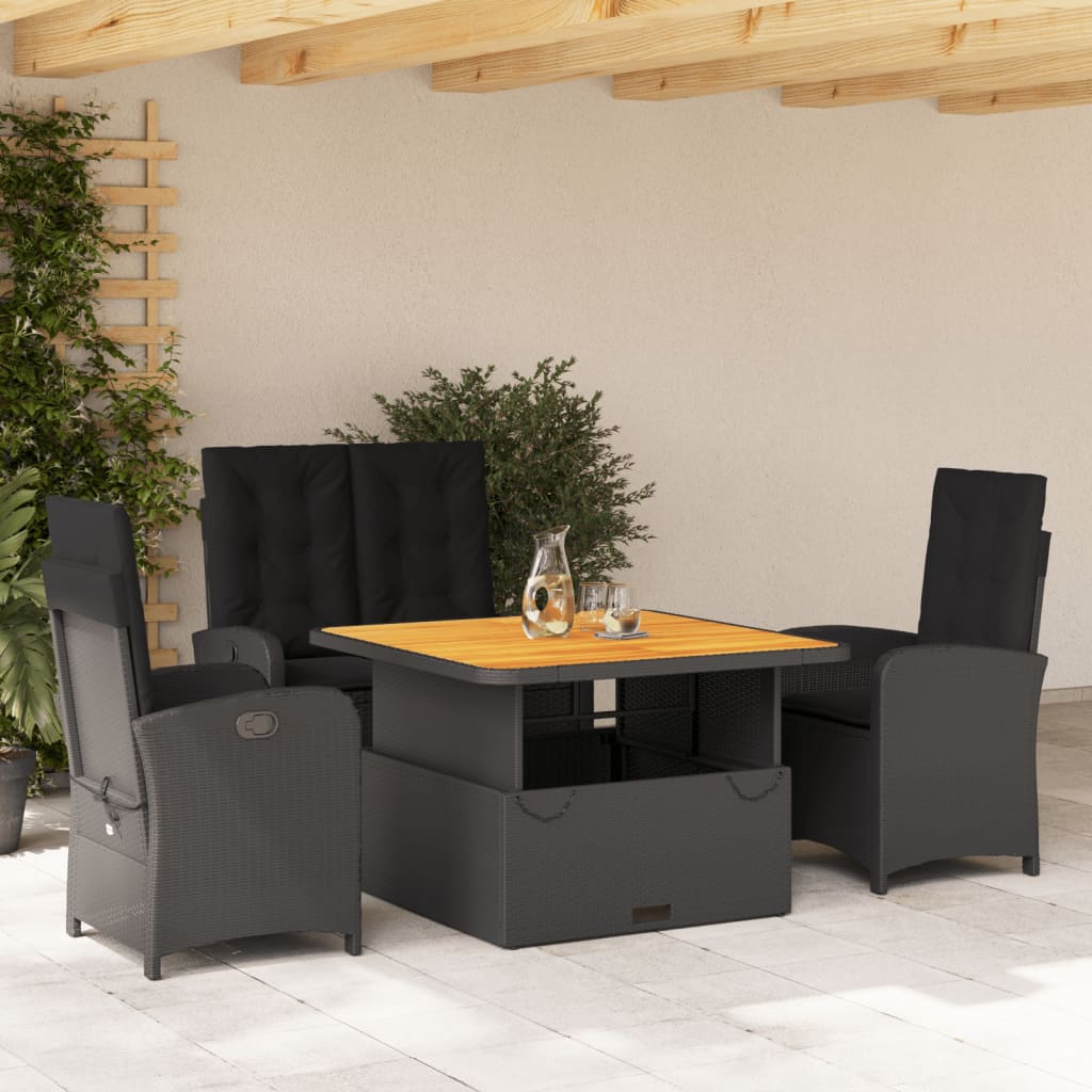 4-delige Tuinset met kussens poly rattan zwart