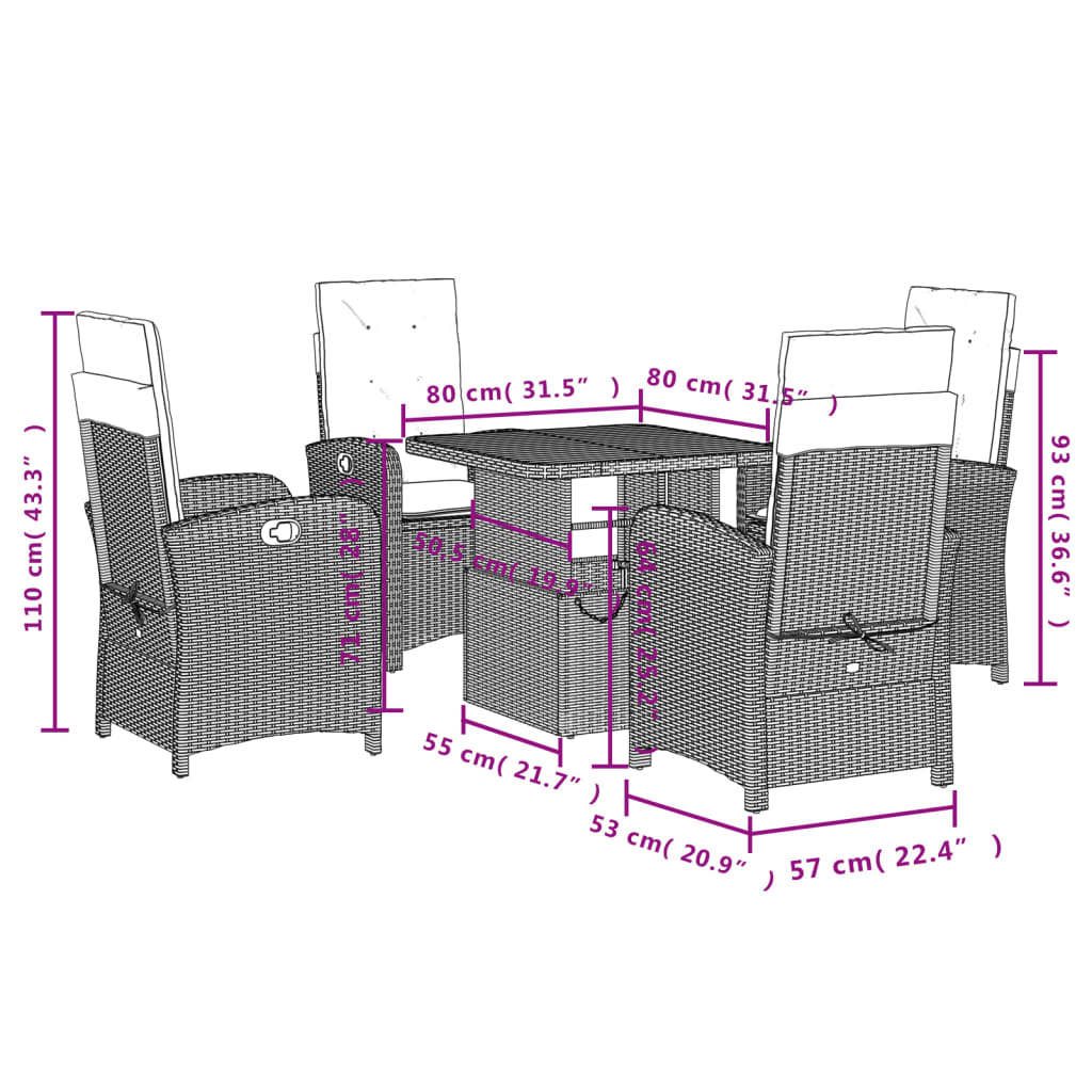 5-delige Tuinset met kussens poly rattan grijs