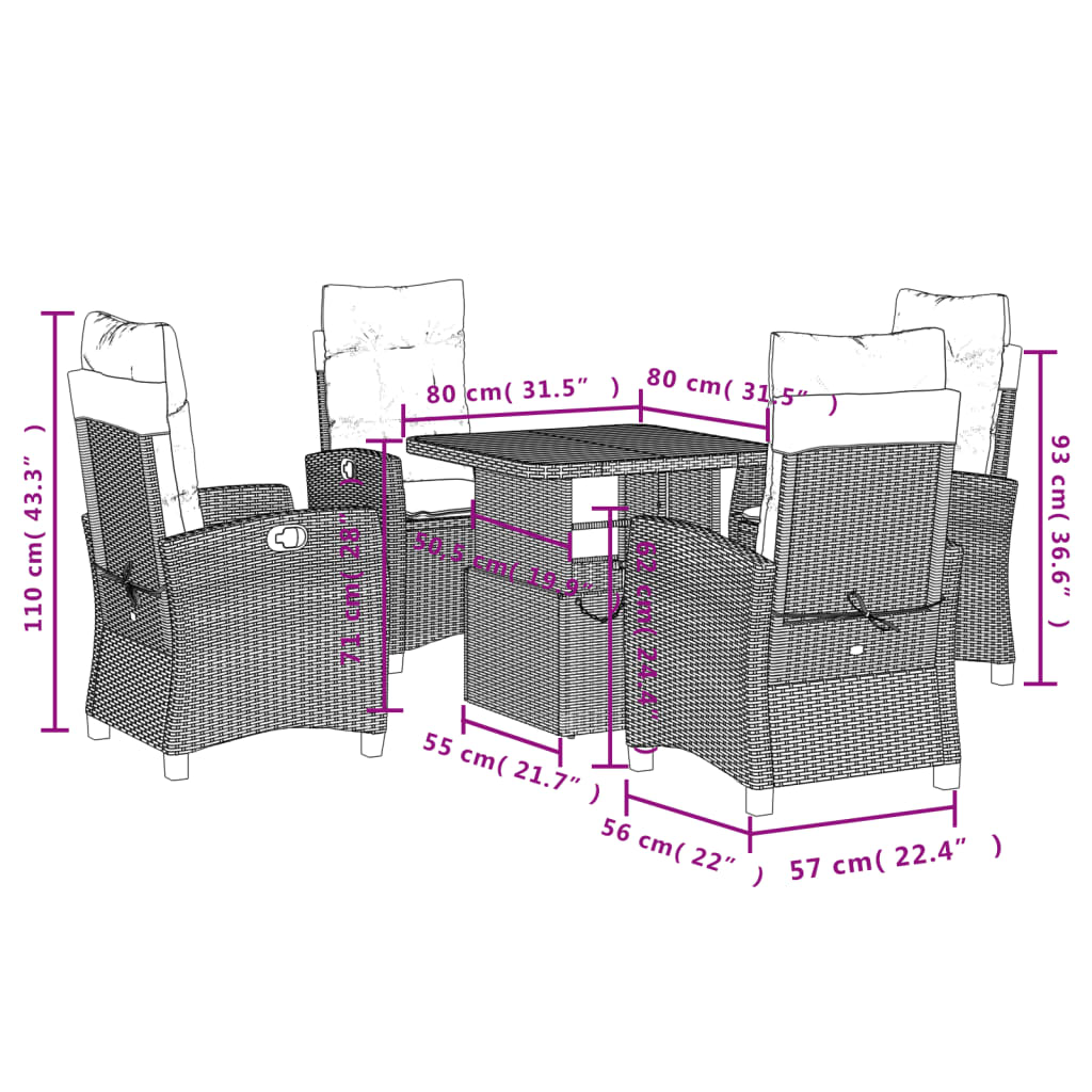 5-delige Tuinset met kussens poly rattan zwart