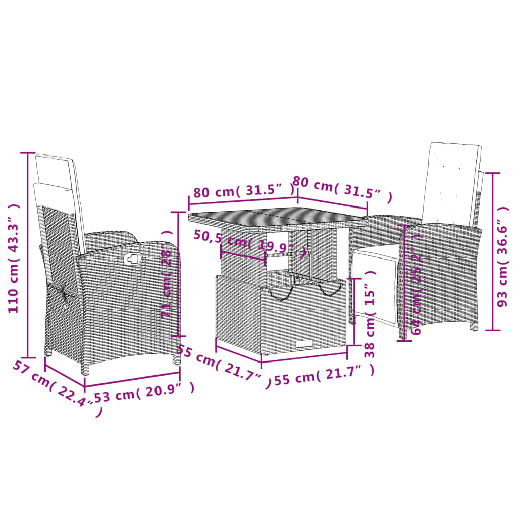 3-delige Tuinset met kussens poly rattan zwart