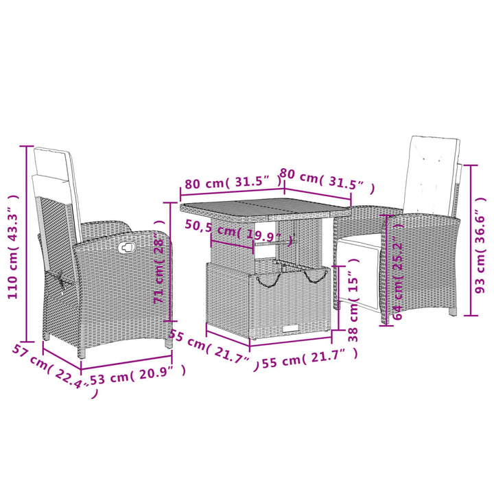 3-delige Tuinset met kussens poly rattan zwart