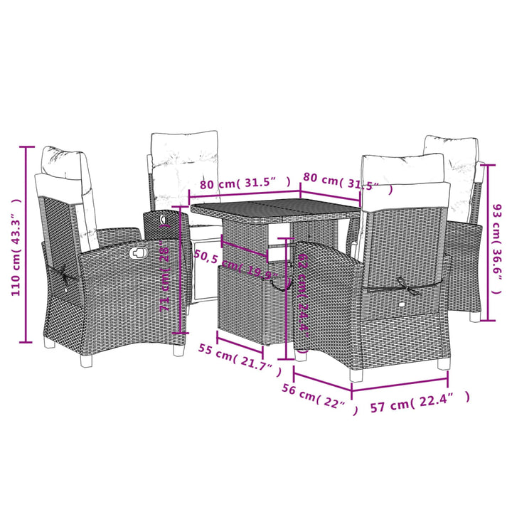 5-delige Tuinset met kussens poly rattan zwart