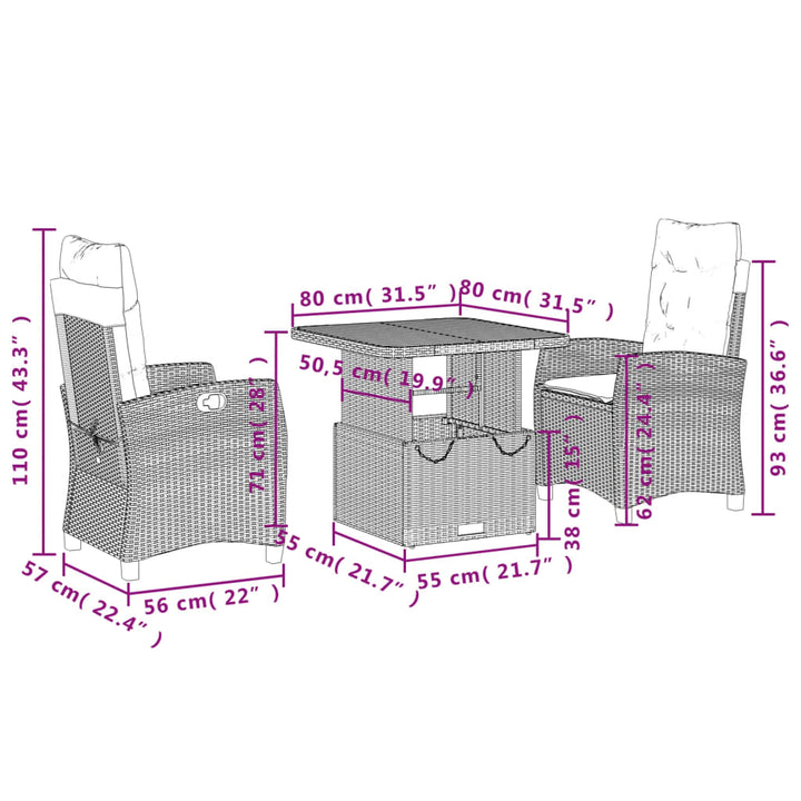 3-delige Tuinset met kussens poly rattan zwart