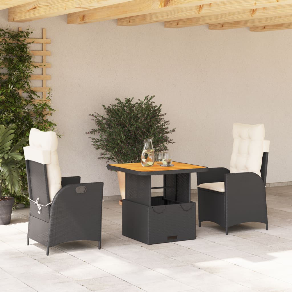 3-delige Tuinset met kussens poly rattan zwart