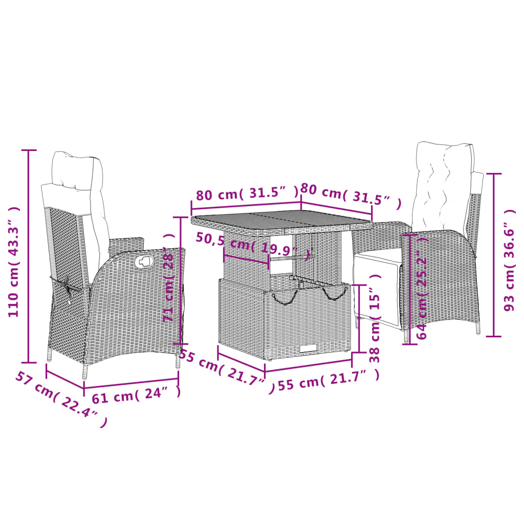 3-delige Tuinset met kussens poly rattan zwart