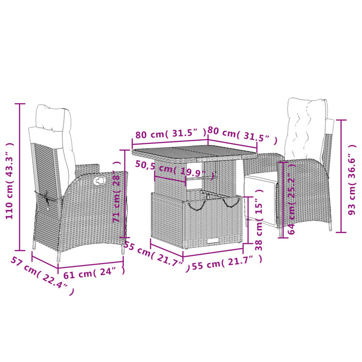 3-delige Tuinset met kussens poly rattan zwart