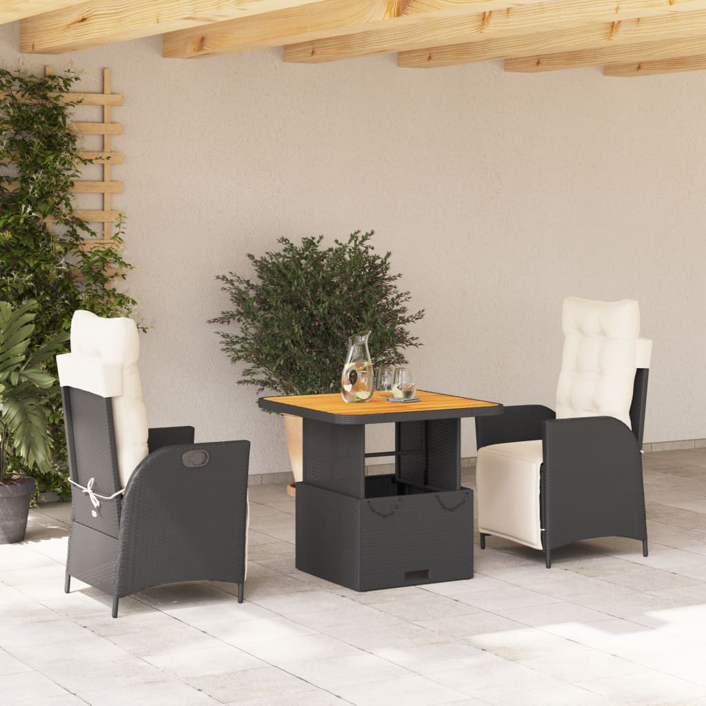 3-delige Tuinset met kussens poly rattan zwart