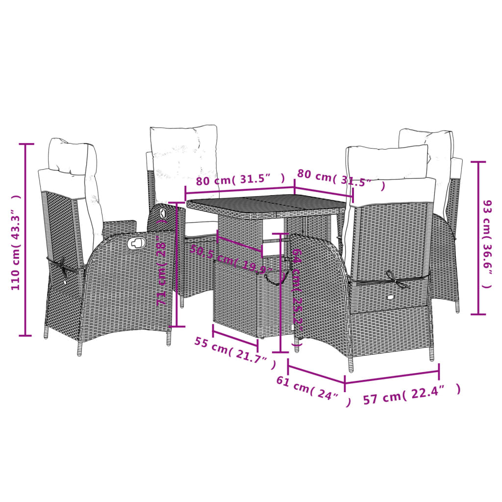 5-delige Tuinset met kussens poly rattan zwart