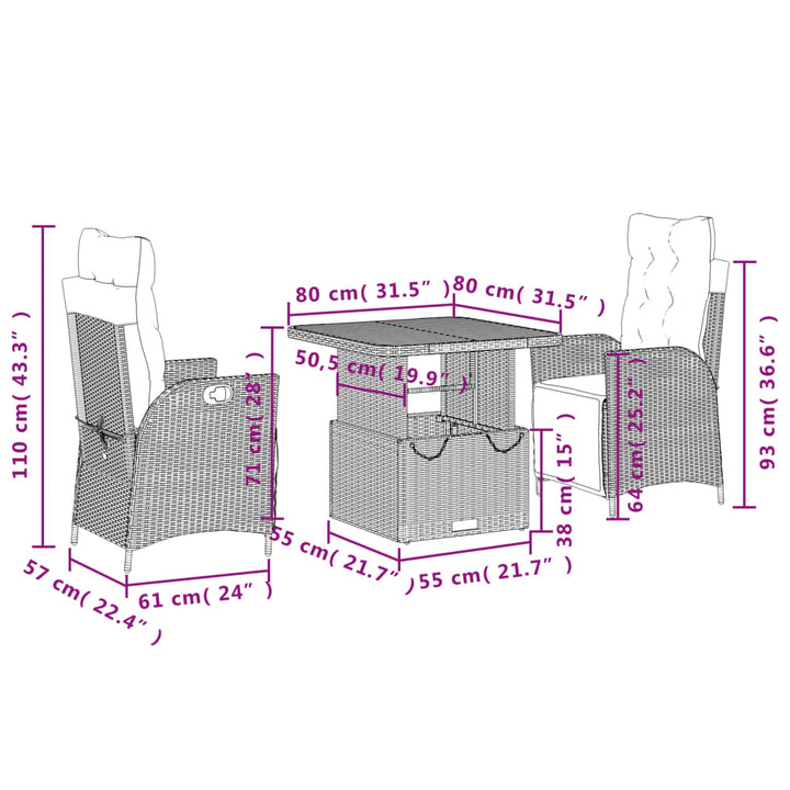 3-delige Tuinset met kussens poly rattan beige