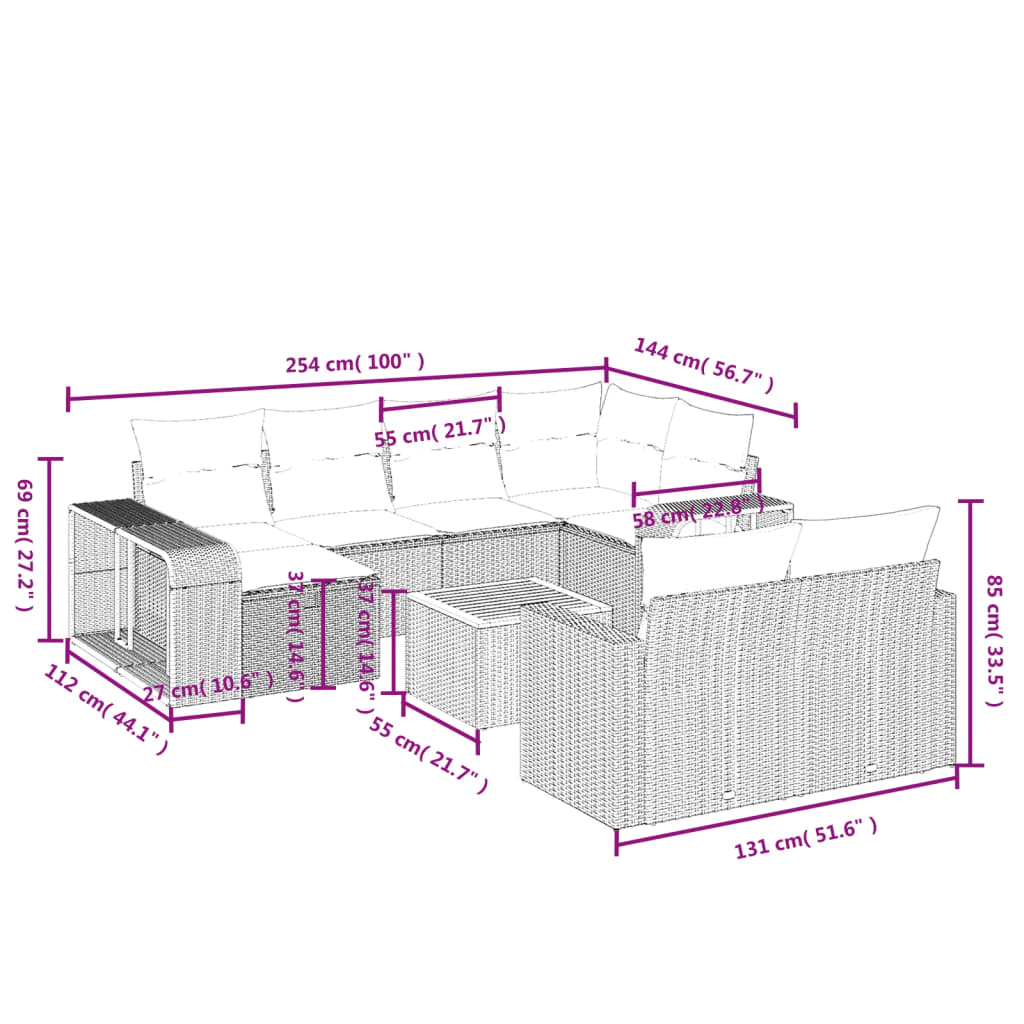 11-delige Tuinset met kussens poly rattan beige