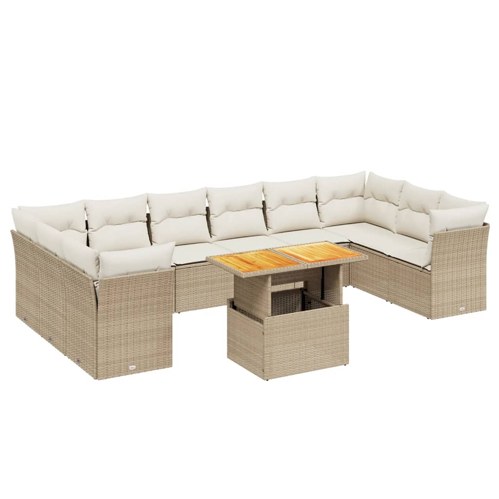 11-delige Tuinset met kussens poly rattan beige