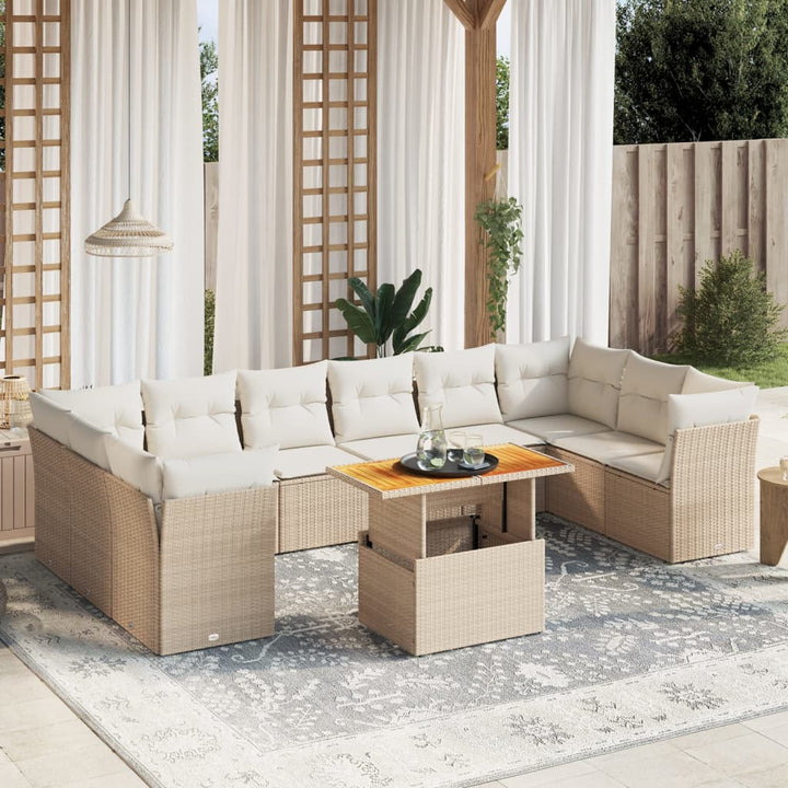 11-delige Tuinset met kussens poly rattan beige