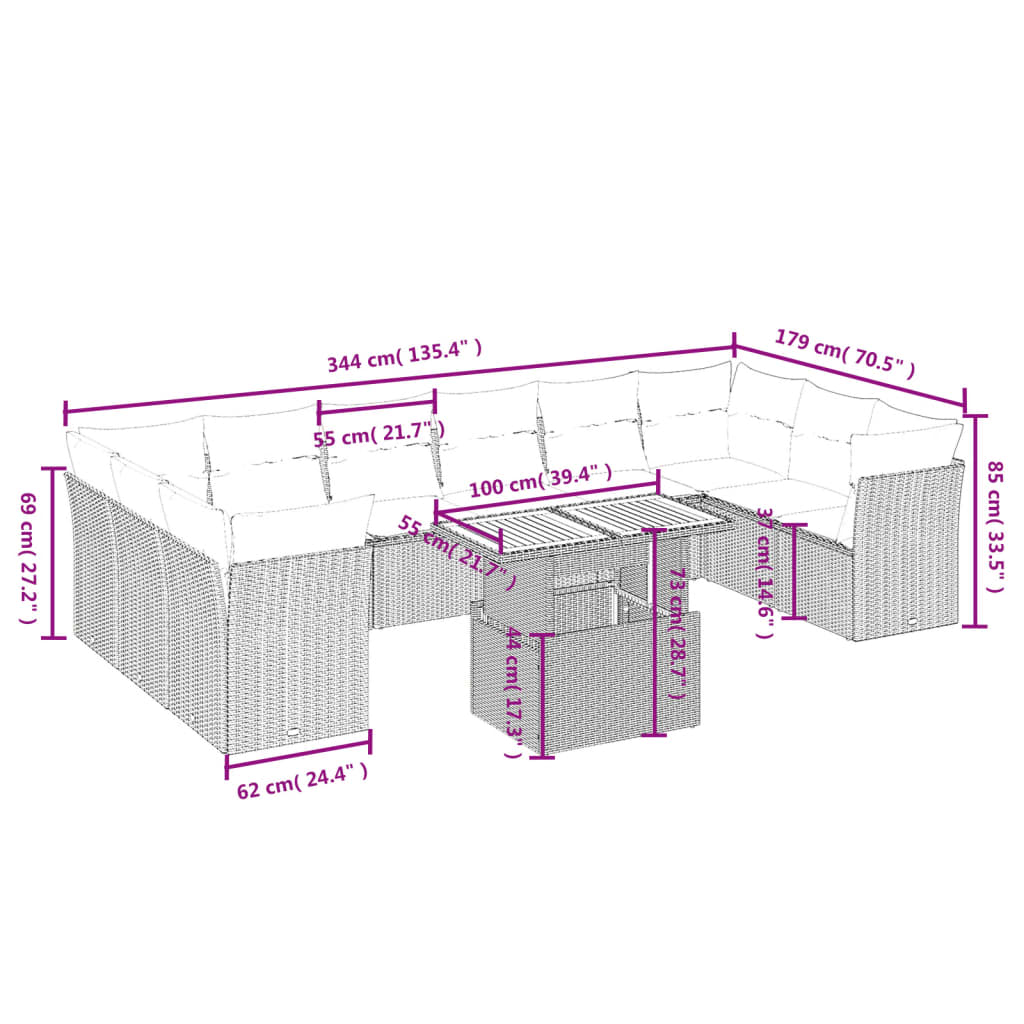 11-delige Tuinset met kussens poly rattan beige