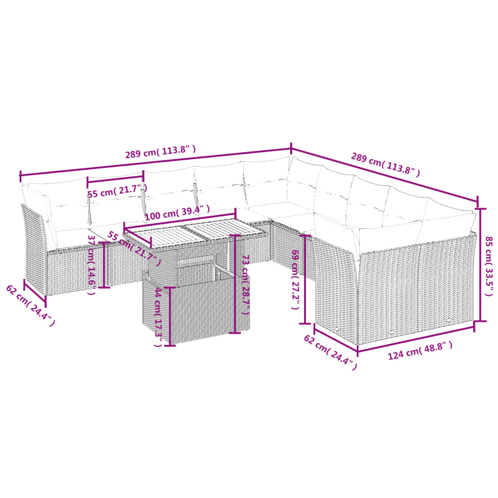 11-delige Tuinset met kussens poly rattan beige