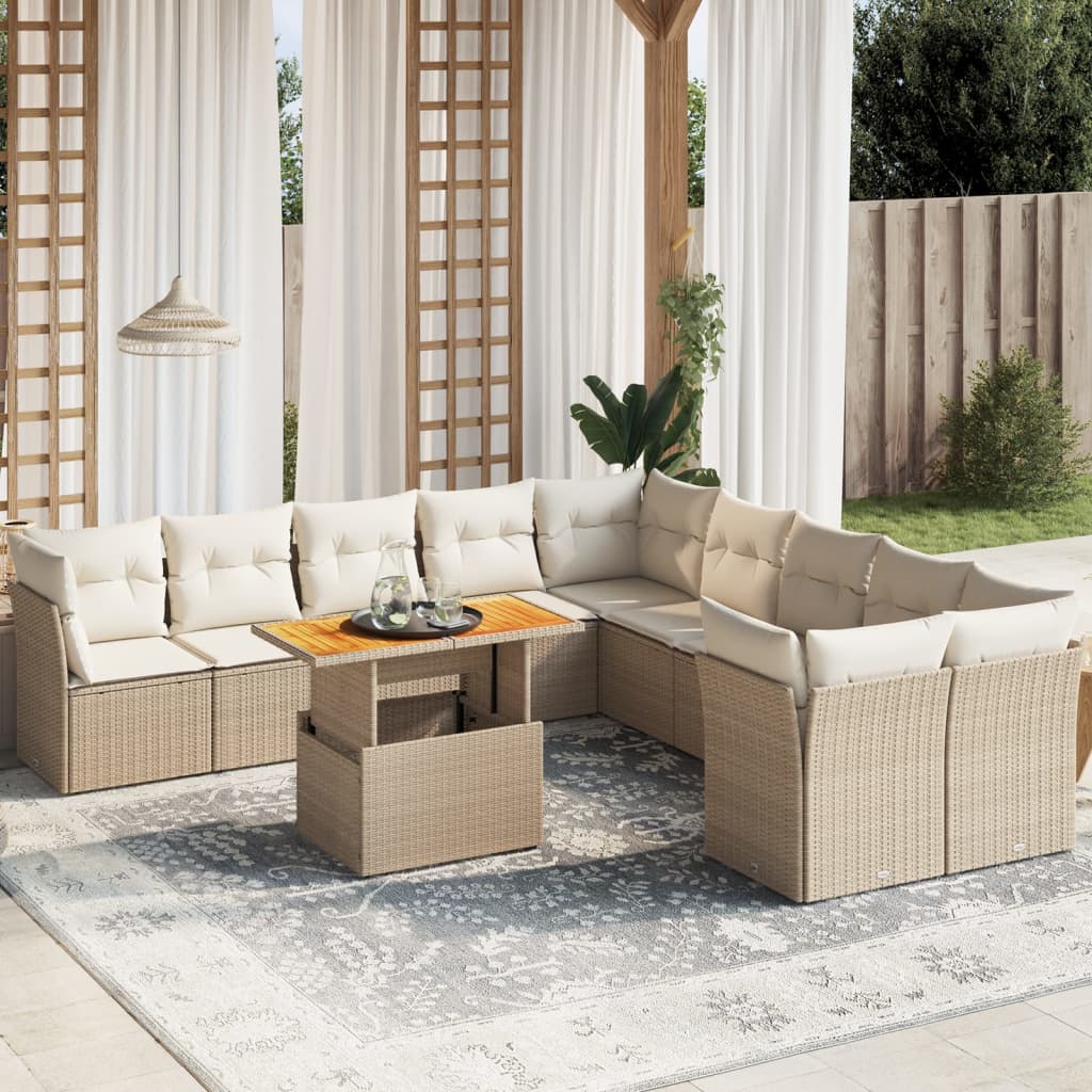 11-delige Tuinset met kussens poly rattan beige