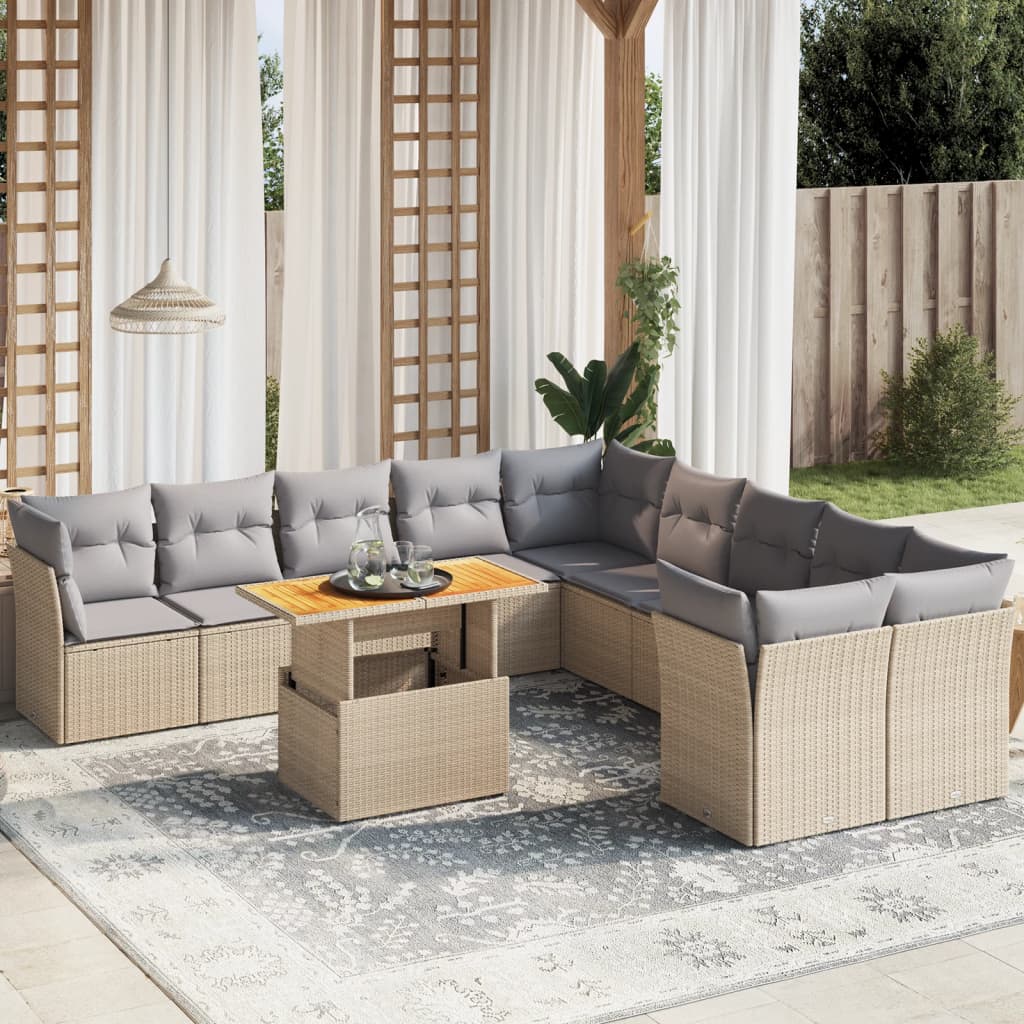 11-delige Tuinset met kussens poly rattan beige