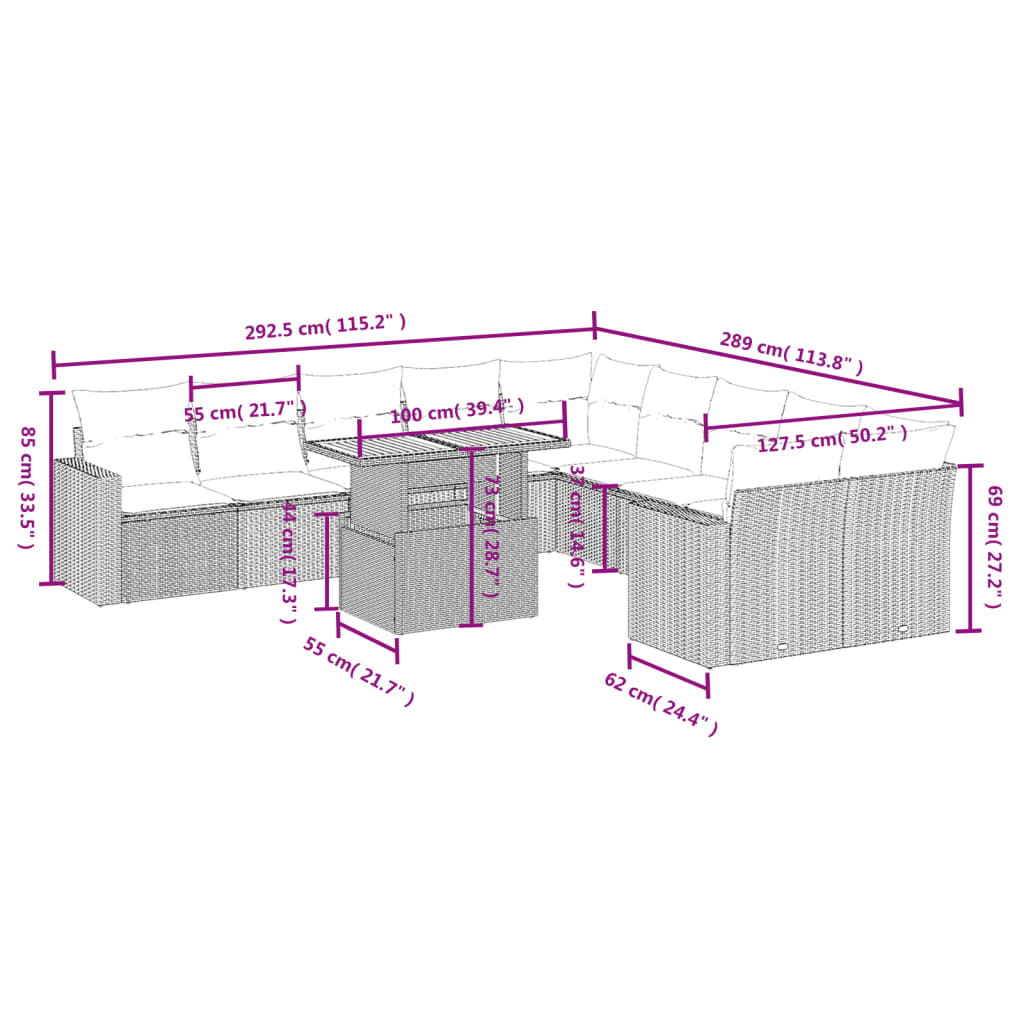 11-delige Tuinset met kussens poly rattan beige