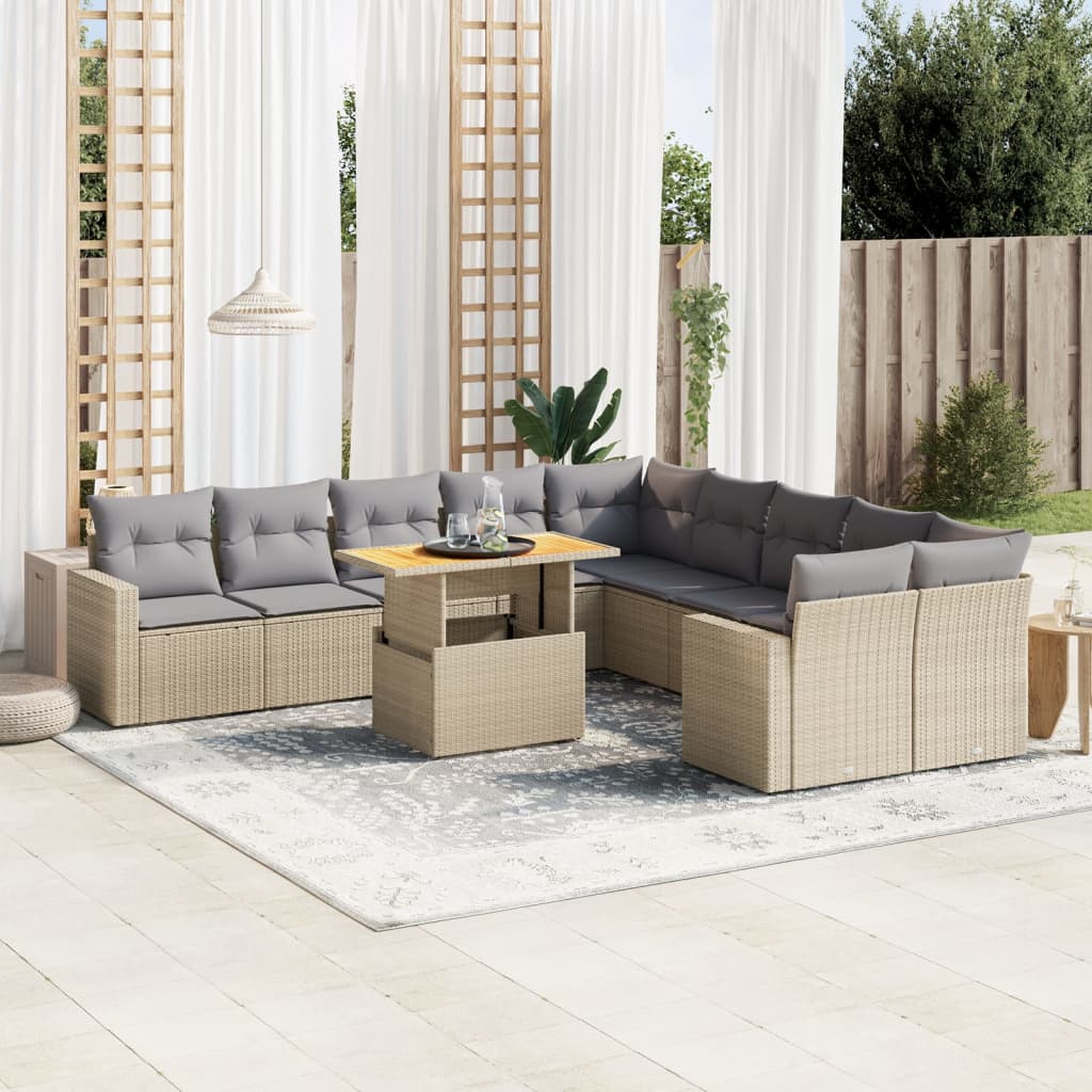 11-delige Tuinset met kussens poly rattan beige