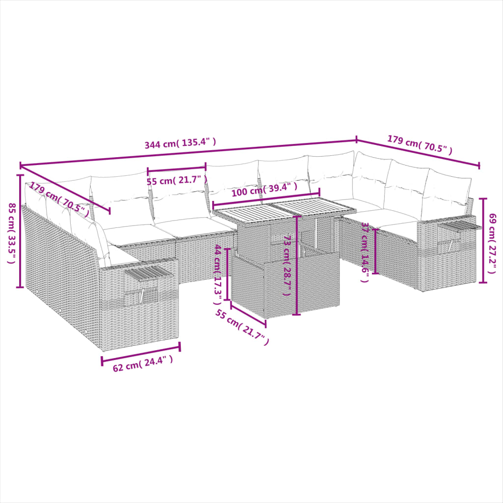 11-delige Tuinset met kussens poly rattan beige