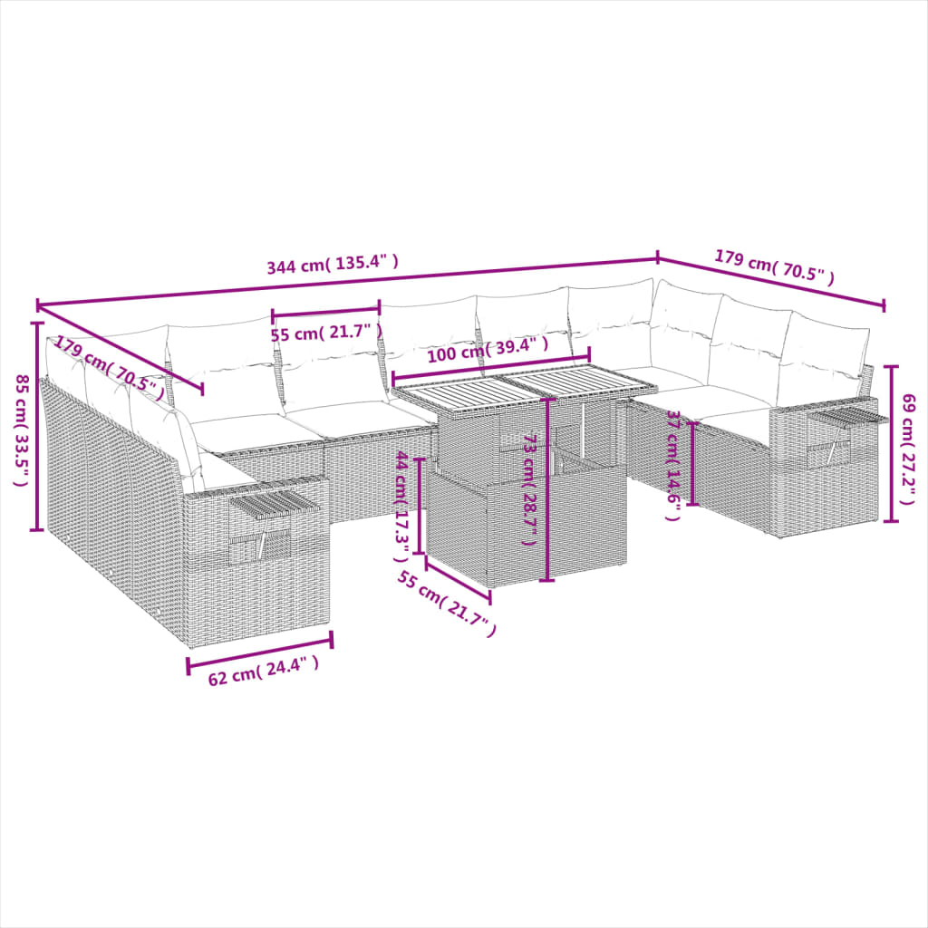 11-delige Tuinset met kussens poly rattan beige