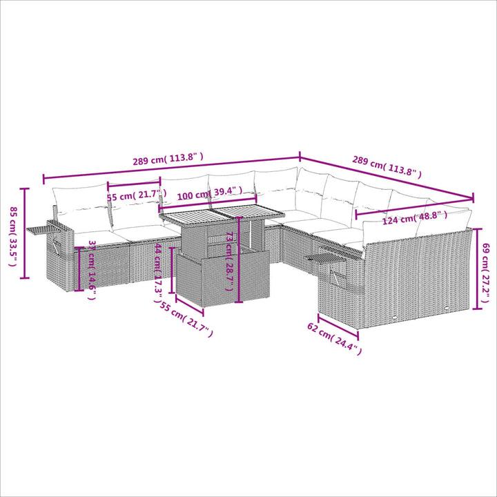 11-delige Tuinset met kussens poly rattan beige