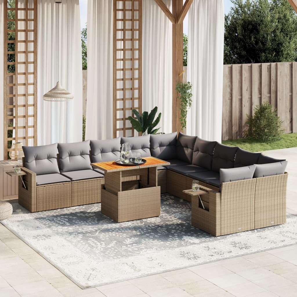 11-delige Tuinset met kussens poly rattan beige