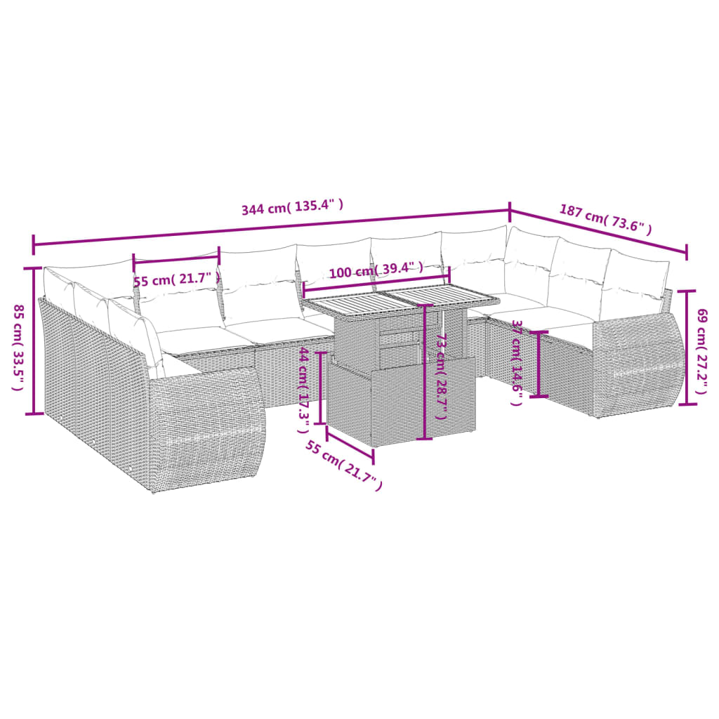 11-delige Tuinset met kussens poly rattan beige