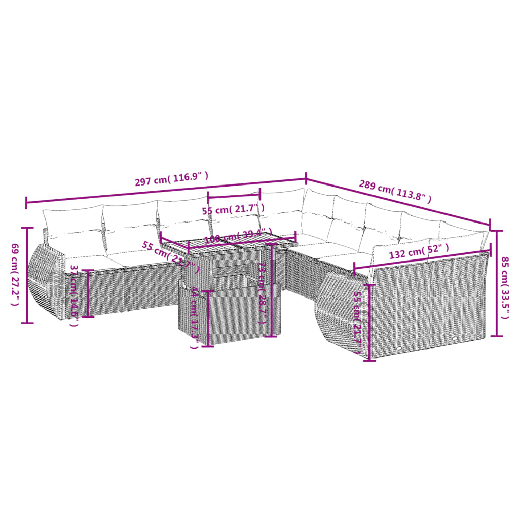 11-delige Tuinset met kussens poly rattan beige