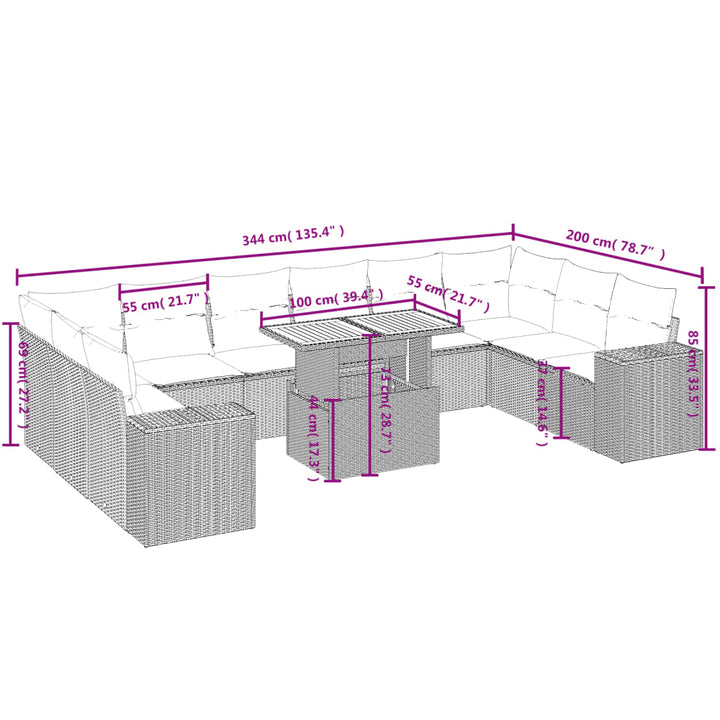 11-delige Tuinset met kussens poly rattan beige