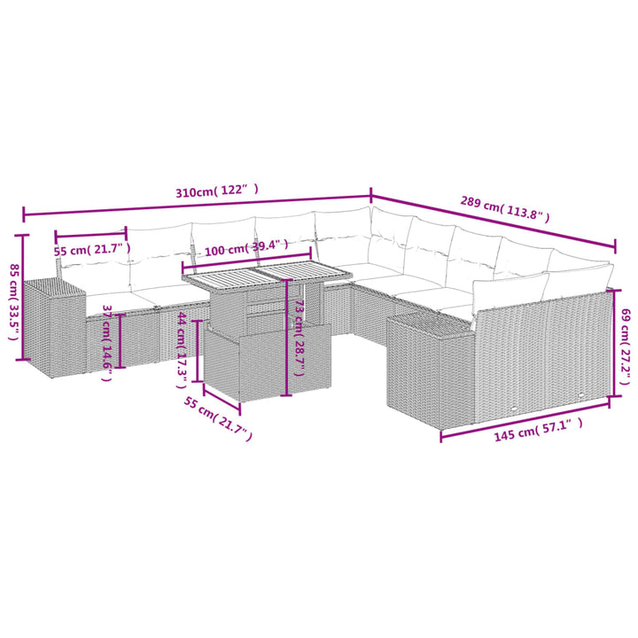 11-delige Tuinset met kussens poly rattan beige