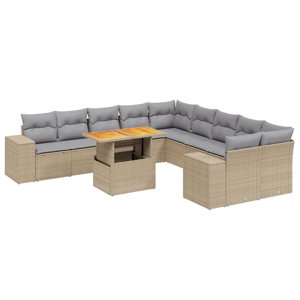 11-delige Tuinset met kussens poly rattan beige