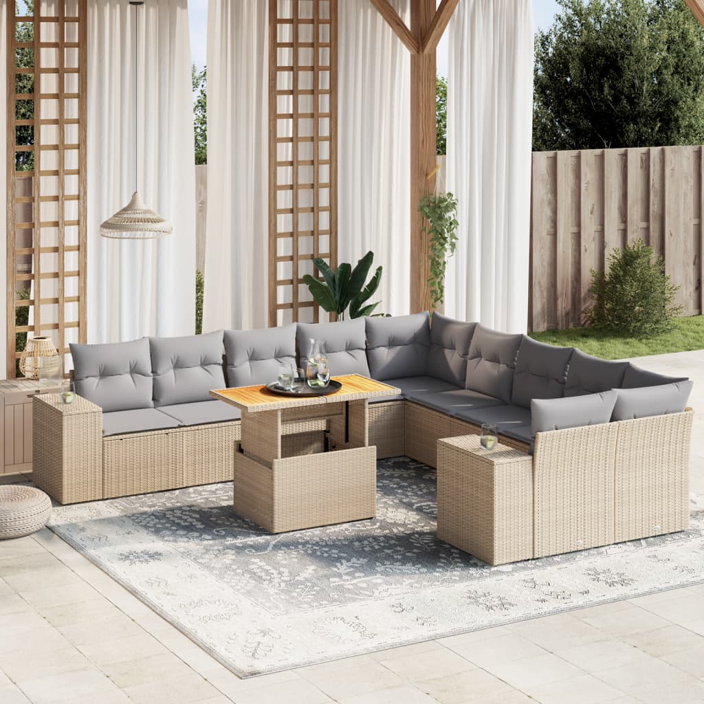 11-delige Tuinset met kussens poly rattan beige