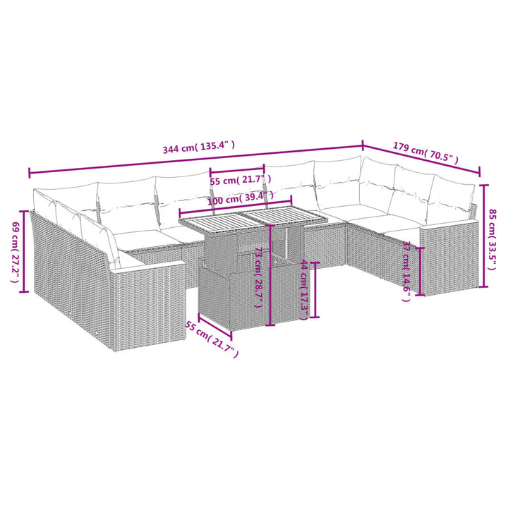 11-delige Tuinset met kussens poly rattan beige