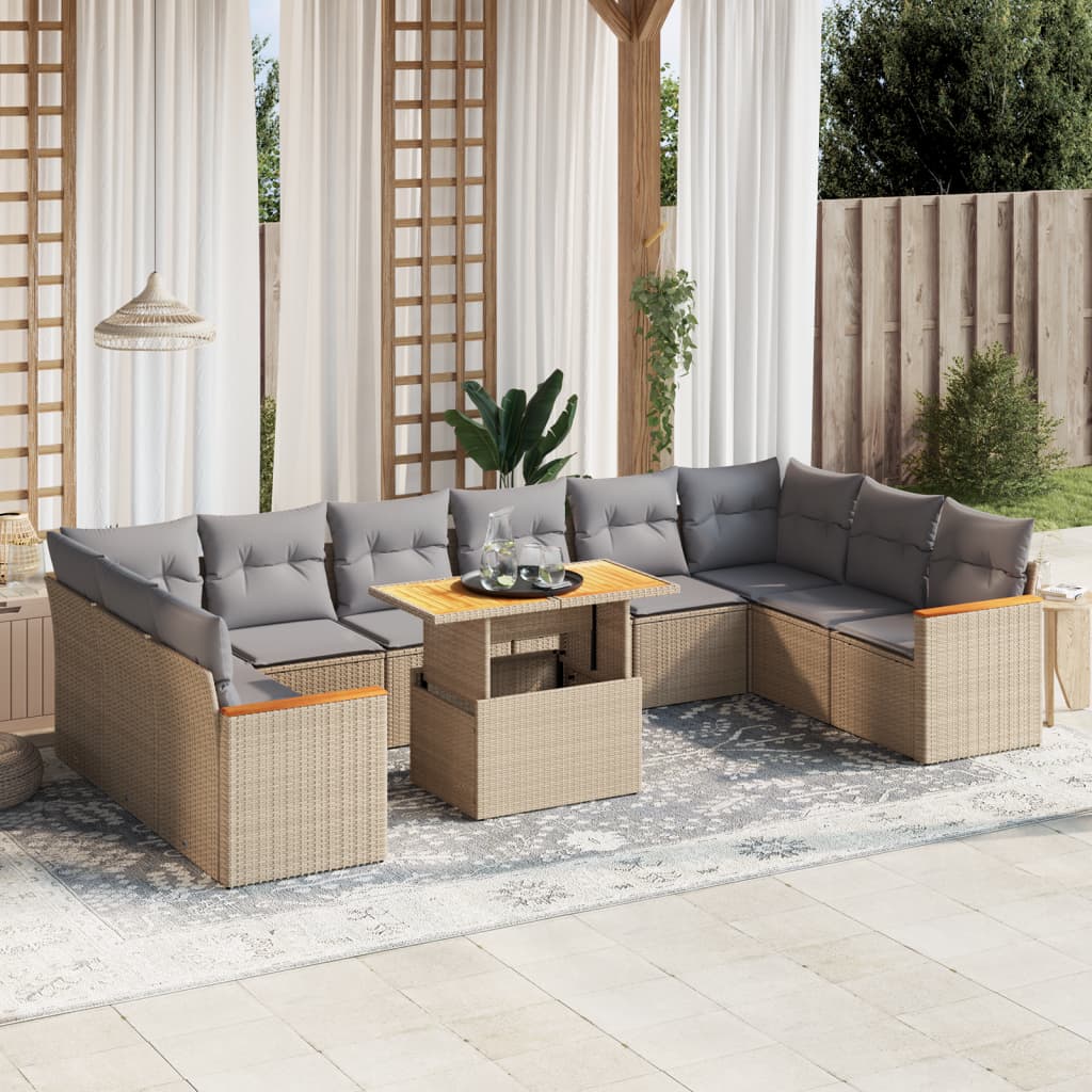 11-delige Tuinset met kussens poly rattan beige