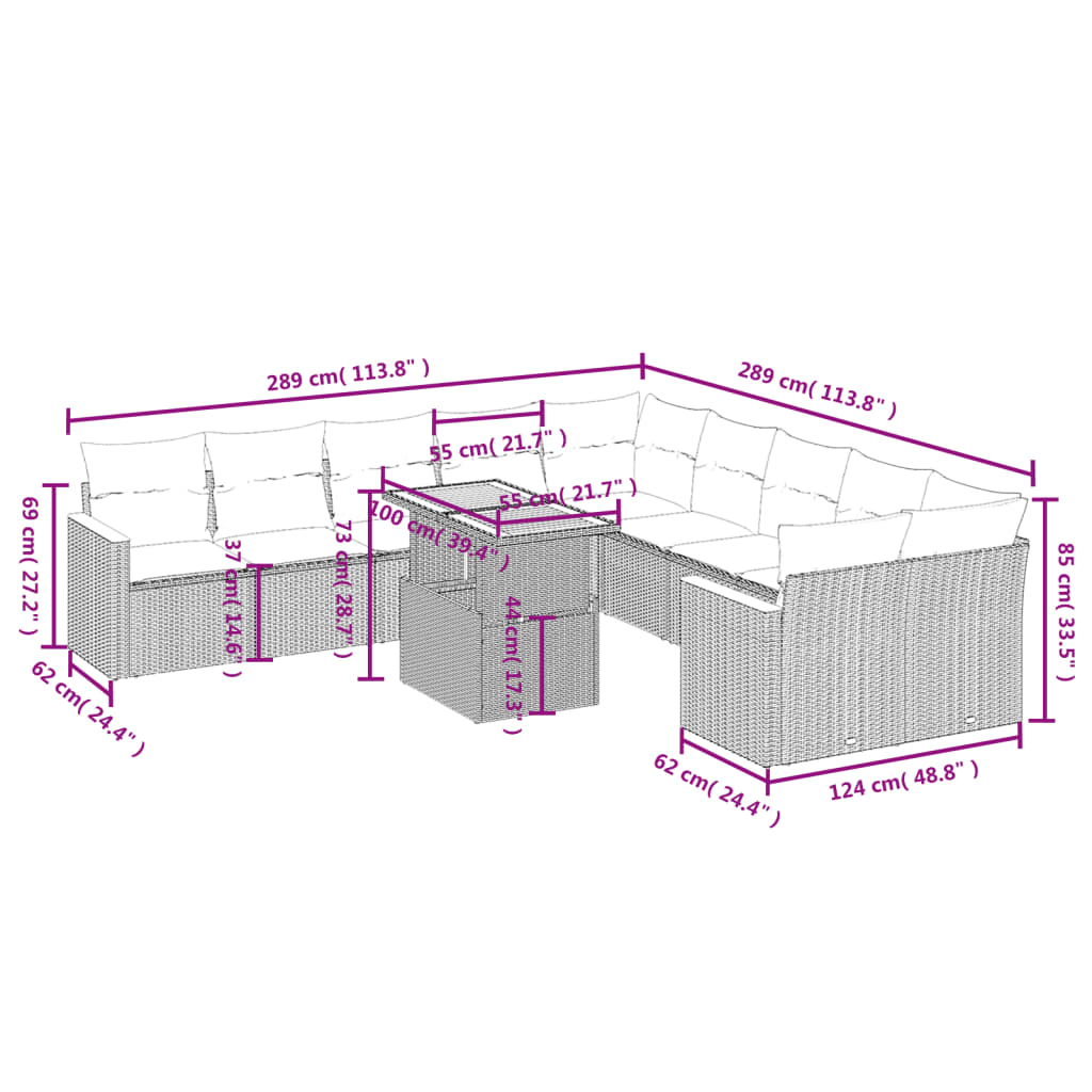 11-delige Tuinset met kussens poly rattan beige