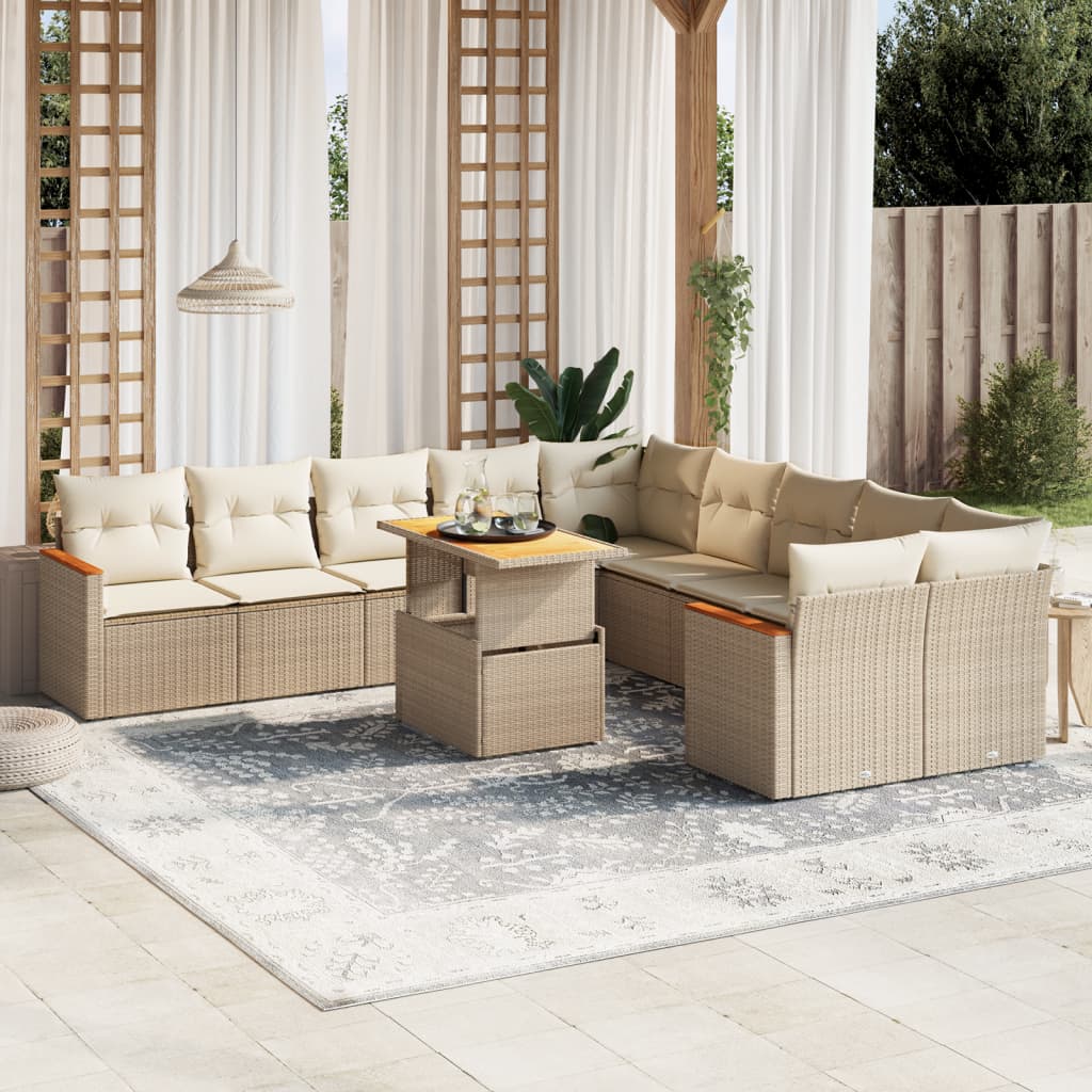 11-delige Tuinset met kussens poly rattan beige