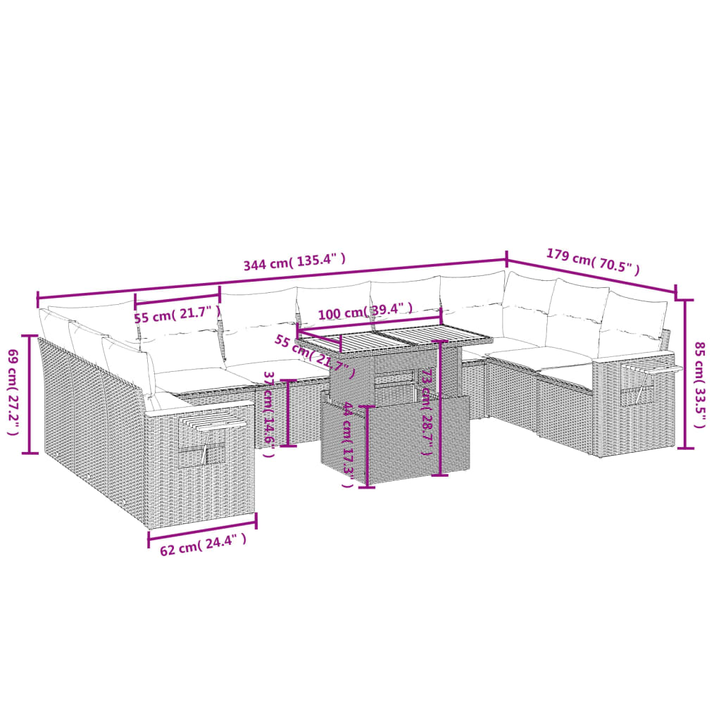 11-delige Tuinset met kussens poly rattan beige