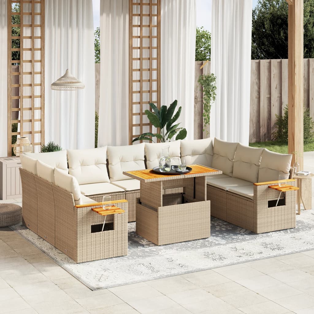 11-delige Tuinset met kussens poly rattan beige