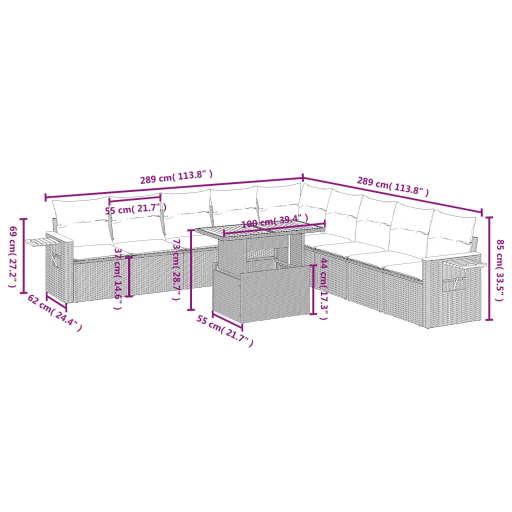 11-delige Tuinset met kussens poly rattan beige